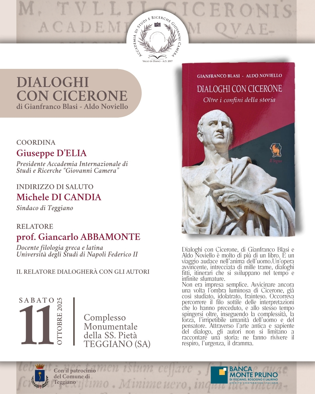 Locandina Evento - Dialoghi con Cicerone a Teggiano di Gianfranco Blasi e Aldo Noviello