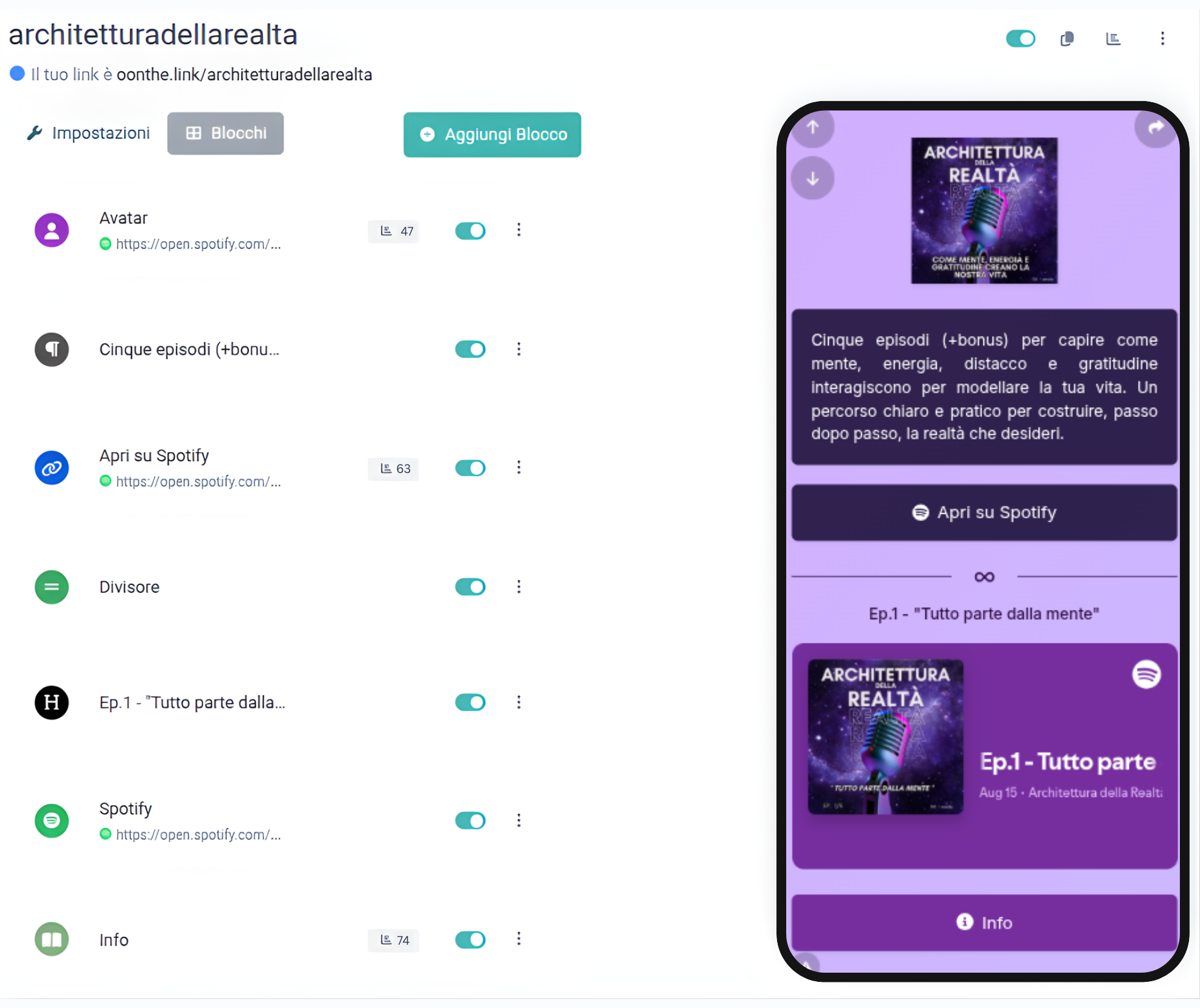 Screenshot pagina Bio/Landing